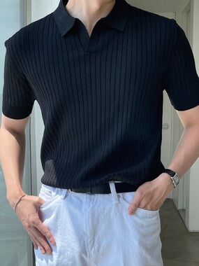 Men's Black Ribbed Short-Sleeve Polo Knit